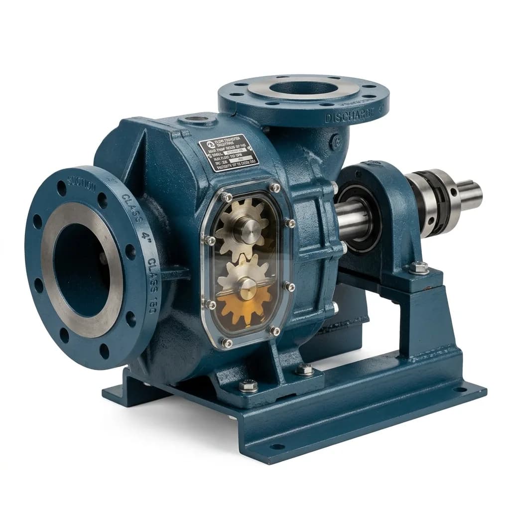 Industrial external gear pump with flanged ports on a baseplate